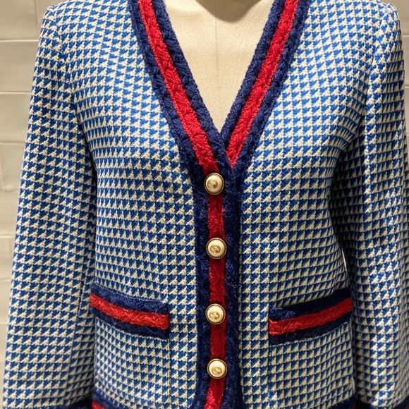 Gucci iconic herringbone Teal and cream check jacket with web detail trim - Picture 2 of 5